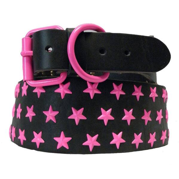 Platinum Pets 31 in. Black Genuine Leather Dog Collar in Pink Stars