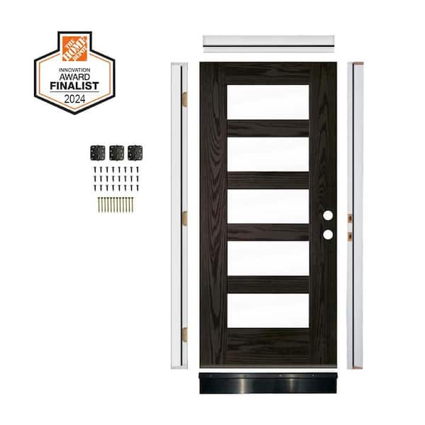 DIY RTA KIT 36in.x80in. Modern 5-Lite Clear Glass Left-Hand Baby Grand Stain Fiberglass Ready To Assemble Front Door