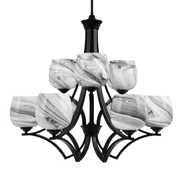 Unbranded Clevelend 9-Light Matte Black Chandelier, Round Chandelier with 6 in. Onyx Swirl Glass Shades, No bulbs included