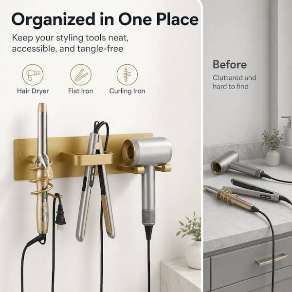 Numhew Wall Mount Bathroom Hair Tool Organizer with Curling Iron