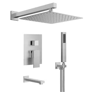 1-Handle 3-Spray Wall Mount Tub and Shower Faucet with 10 in. Rain Shower Head in Brushed Nickel (Valve Included)