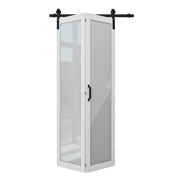 ARK DESIGN 40 in. x 84 in. 1 Lite Tempered Frosted Glass White Finished Composite MDF Bi-Fold Sliding Barn Door with Hardware Kit