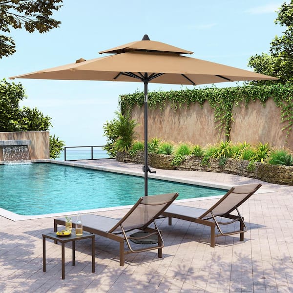 Double Top 10 ft. x 6.5 ft. Rectangular Aluminum Market Crank and Tilt Patio Umbrella in Tan