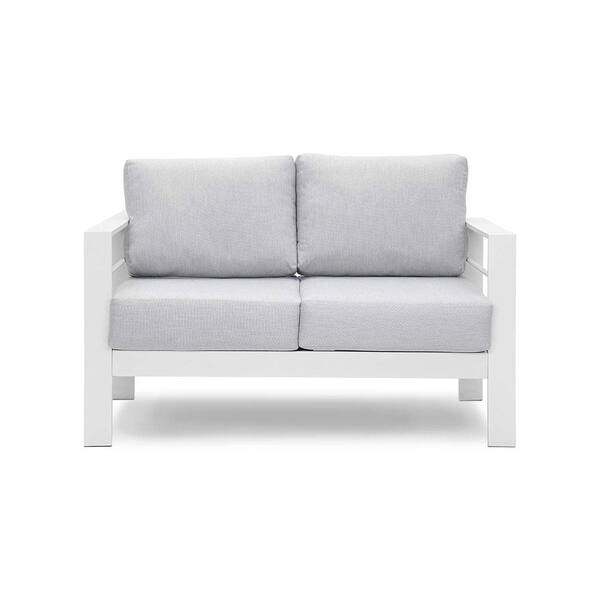 ANGELES HOME White Aluminum Outdoor Couch Sofa with Light Gray Cushions