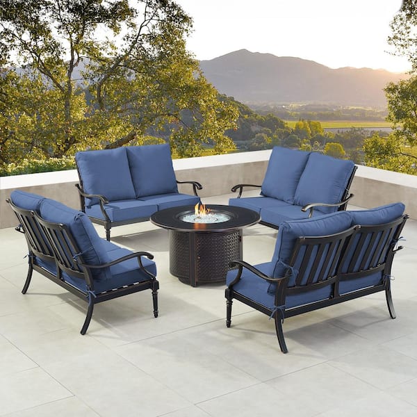 Black 5-Piece Aluminum Patio Fire Pit Set with Blue Cushions
