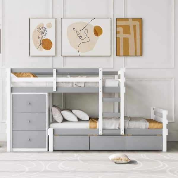Gray Twin over Twin Loft Bunk Bed with Drawers