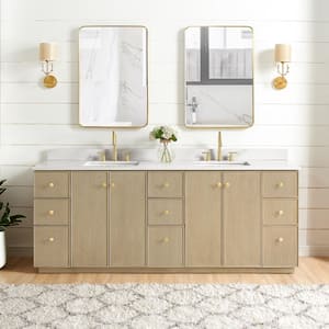 Oza 84 in. W x 22 in. D x 33.9 in. H Double Sink Bath Vanity in Natural Oak with White Qt. Stone Top