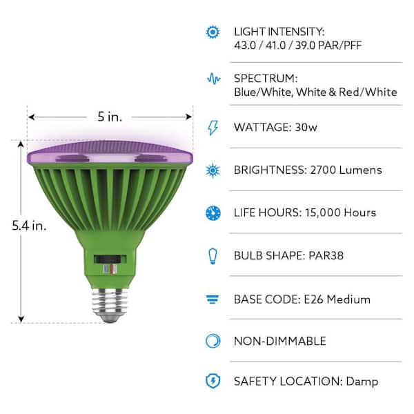 Feit Electric 30-Watt PAR38 Selectable Spectrum for Seeding, Growing and  Blooming Indoor and Greenhouse E26 Plant Grow LED Light Bulb  PAR38ADJGRW/LED/HDRP - The Home Depot