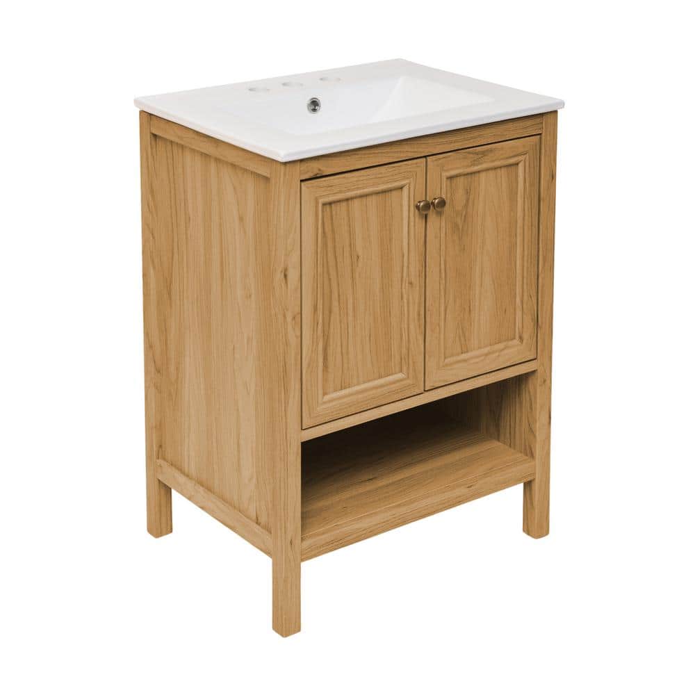 Natural Oak and White Ceramic Freestanding Bathroom Vanity
