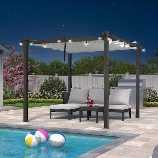 PURPLE LEAF 10 ft. x 10 ft. Gray Aluminum Frame Pergola with White Retractable Sun Shade Canopy Extra Roof and String Lights