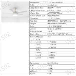 52 in. Smart Indoor Nickel Low Profile Standard Ceiling Fan Wood Crystal Shade, 3 Wind Modes with Lights, Remote & Timer