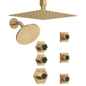Module Switch His and Hers Shower 5-Spray Patterns with 2.5 GPM 12 in. Ceiling Mount Fixed Shower Head in Brushed Gold