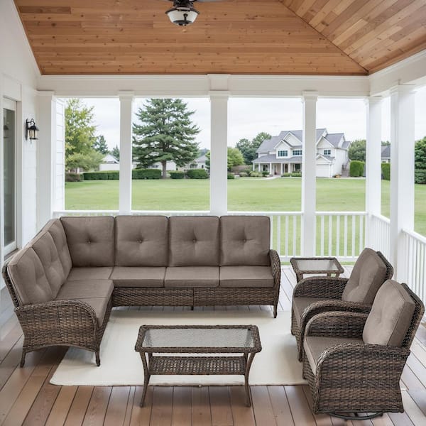 Gymojoy Carlos 6-Piece Brown Wicker Outdoor Swivel Chair Patio Conversation Set with Gray Cushions and Coffee Table