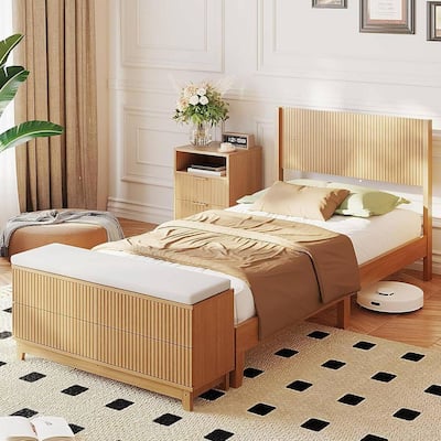 Brown/Natural Oak Wood Frame Twin Platform Bed with Built-in Footboard Storage Bench, 4 Drawers, Headboard, Heavy duty
