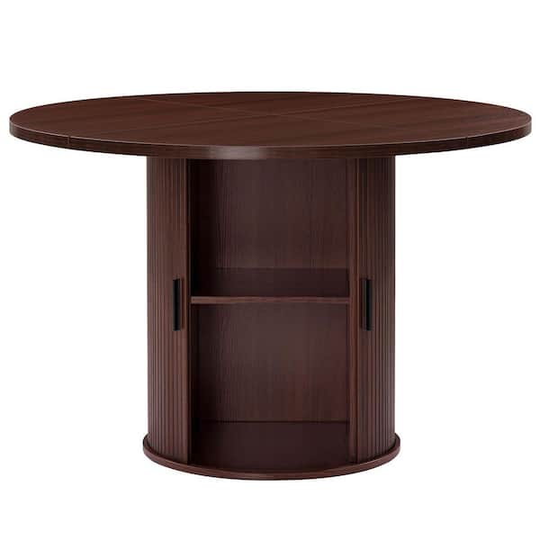 Walnut Round Wood 48in. W Pedestal Dining Table with Storage Seats 6
