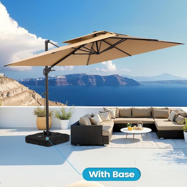Crestlive Products 10 ft. Square Double-Top Polyester Cantilever Tilt Patio Umbrella in Tan with 260 lbs. HDPE Base