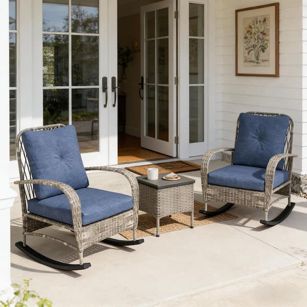 ꙳★*゜♻️ PATIO ꙳★*゜ Gray 3-Piece All-Weather Wicker Outdoor Bistro Set Patio Rocking