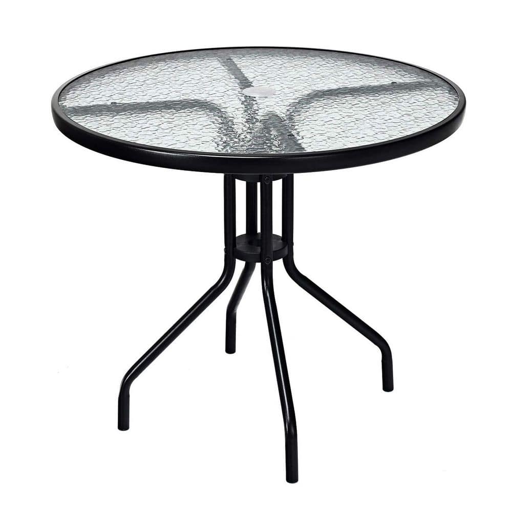Black Round Metal Outdoor Dining Table with Umbrella Hole