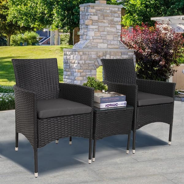 Cesicia 3-Piece Black Wicker Outdoor Bistro Set Outdoor Dining Set Patio Furniture Set with Gray Cushion for Lawn Garden Balcony