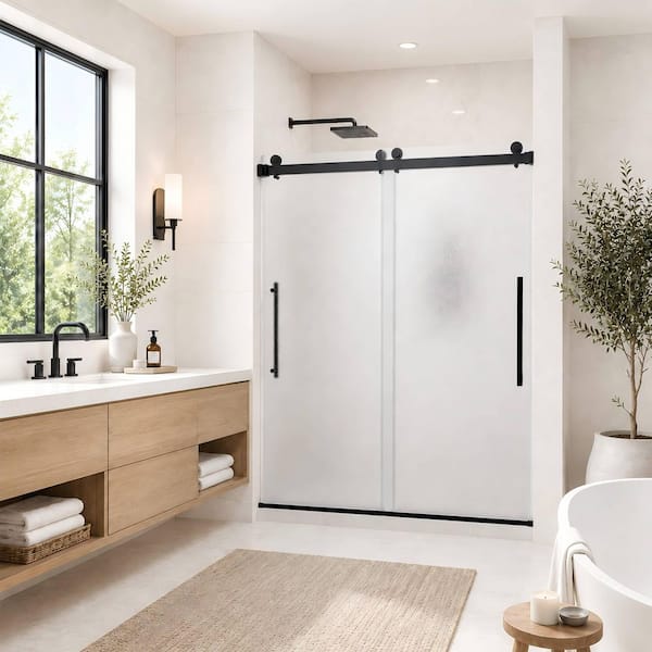 56-60 in. W x 74 in. H Double Sliding Frameless Shower Door in Matte Black with Nano-Coated Easy-Clean Frosted Glass