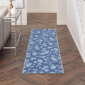 Washables Collection Blue 2 ft. x 6 ft. Botanical Contemporary Runner Machine Washable Area Rug