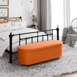 Farrah 54 in. Wide Oval Velvet Upholstered Entryway Flip Top Storage Bedroom Accent Bench in Orange