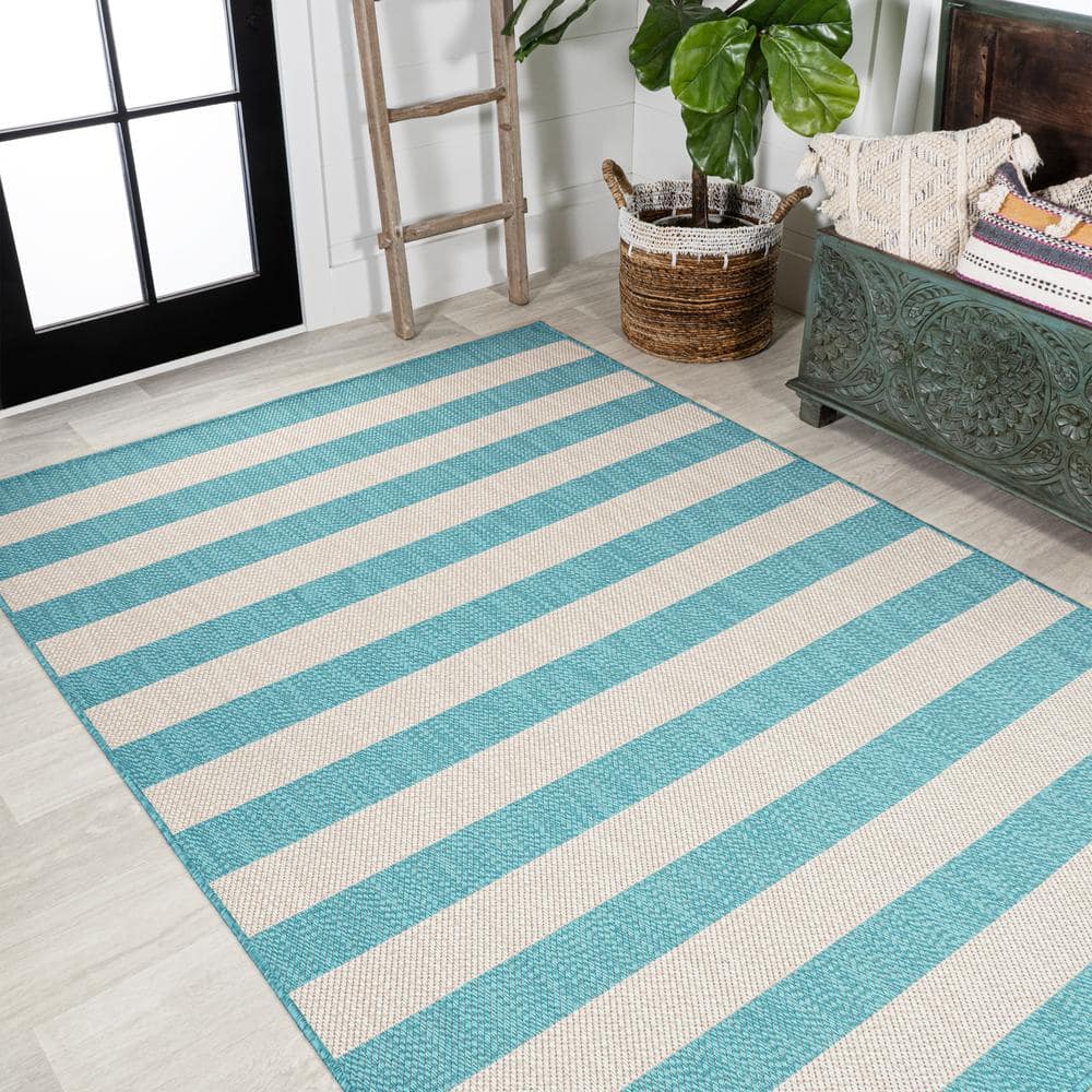 Aqua and Cream Wide Stripe Synthetic Indoor/Outdoor Rug 3x5