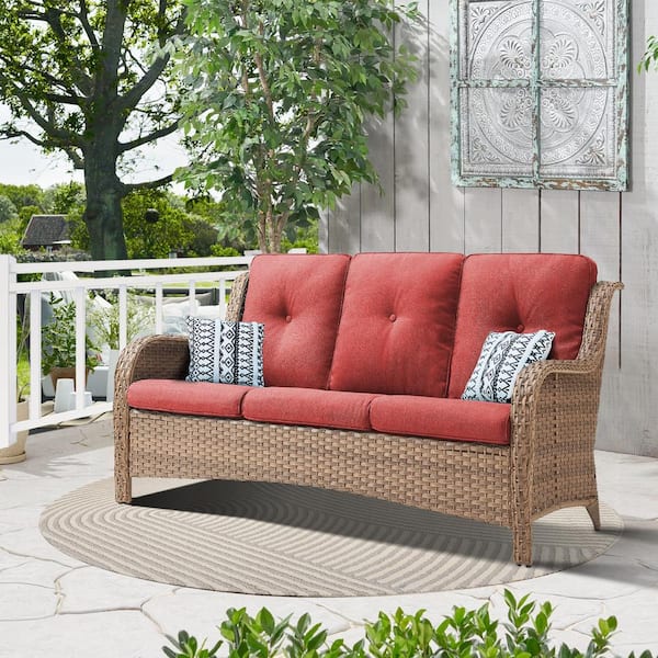 Opohoro Yellow Wicker Outdoor Couch, 3-Seat Patio Sofa with Deep Seating and Red Cushions for Porch Deck Balcony