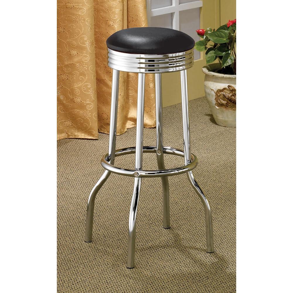 Transitional Swivel Saddle Bar Stool in Black Leather and Chrome