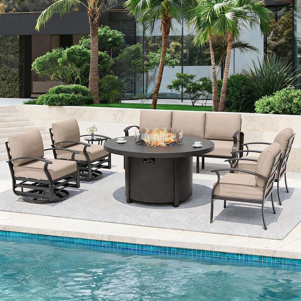 7-Piece Outdoor Aluminum Patio Conversation Set, with 2 Swivel Rocking Chairs and Round Fire Pit Table, Sand Cushions