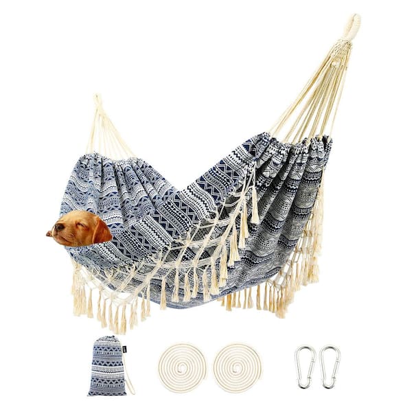 Unbranded 9 ft. Large Brazilian Thickened Non-Fading Cotton Fabric Portable Hammock in Blue/White with Handmade Deluxe Tassels