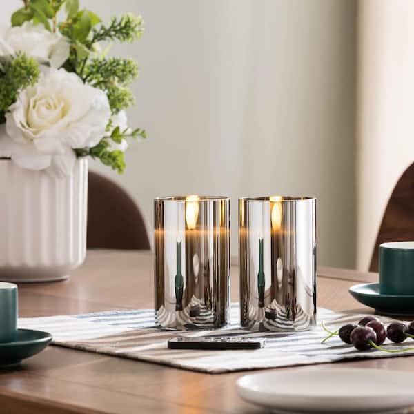 HEMSLY INC 5 in. Gray Mirrored Glass LED Flameless Pillar Candles (Set of 2)
