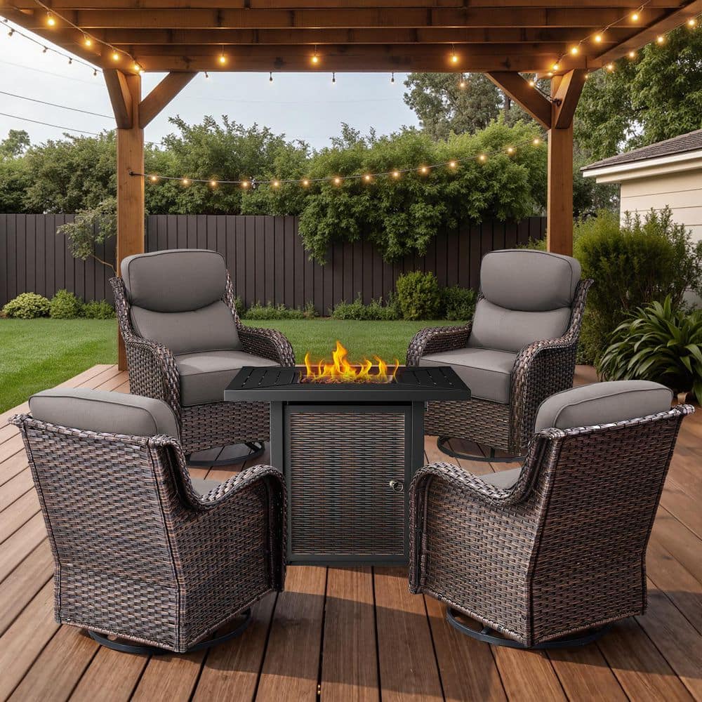 Arcadia Brown 5-Piece Wicker Patio Fire Pit Set, 4-Person Seating Set with Olefin Gray Cushions and Swivel Gliders price history on PriceWatchPro
