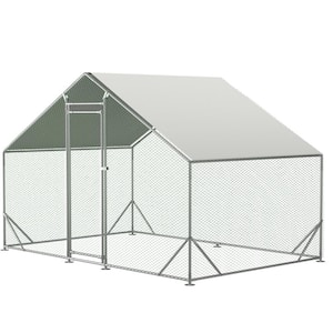 10' L x 6.6' W x 6.56' H, Metal Chicken Coop, Walk-In with Waterproof Cover, Lockable, Pointed Roof, White