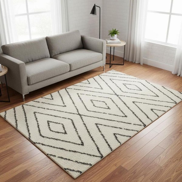 Cream 5 ft. x 8 ft. Woven Geometric Rectangle Indoor Area Rug