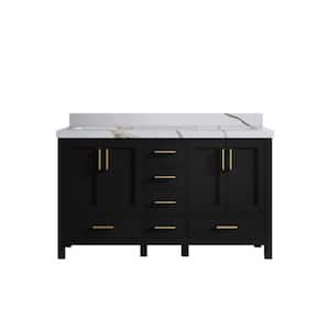 Malibu 60 in. W x 22 in. D x 36 in. H Double Sink Bath Vanity in Black with 2 in. Calacatta Gold Top