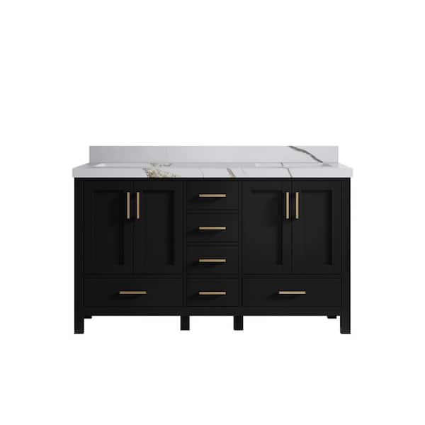 Willow Collections Malibu 60 in. W x 22 in. D x 36 in. H Double Sink Bath Vanity in Black with 2 in. Calacatta Gold Top