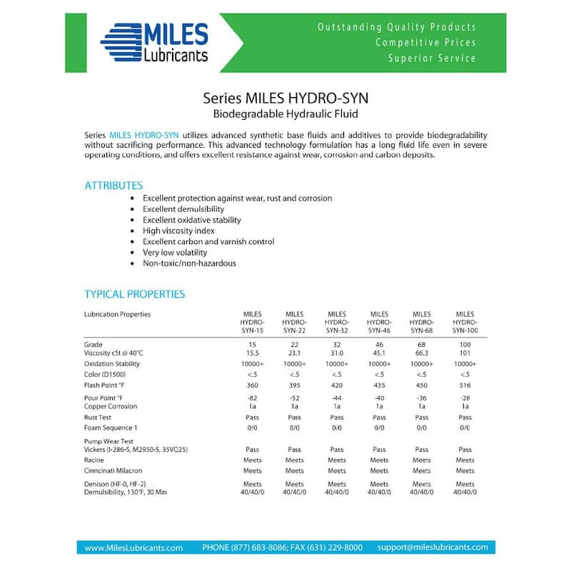 Miles Hydro Syn 68 - 5 gal. Advanced Technology Pao Based Bio-Hydraulic