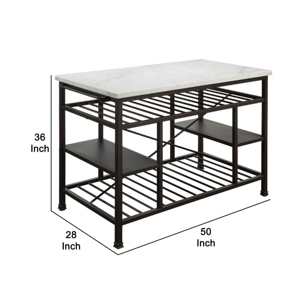 White Marble Top Brown Metal Kitchen Island with Shelves