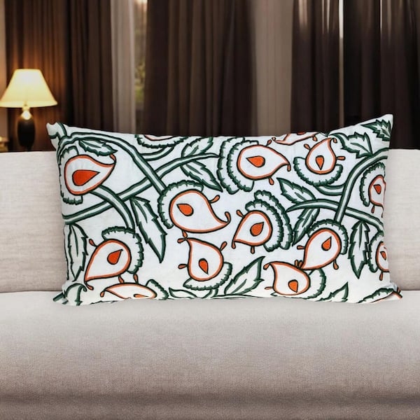 Green, White Floral Polyester 14 in. X 24 in. Throw Pillow