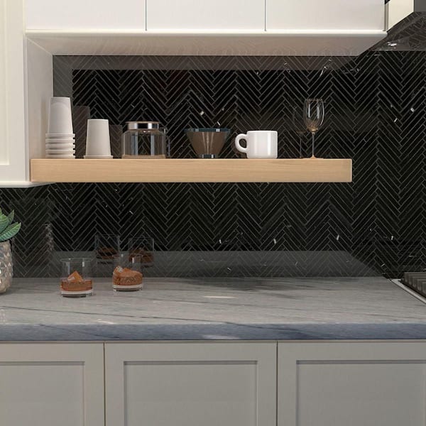 Nero Marquina Black 4 in. x 0.39 in. Polished Marble Floor and Wall Mosaic Tile Sample