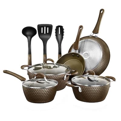 Diamond Pattern 11-Piece Reinforced Forged Aluminum Non-Stick Cookware Set in Coffee