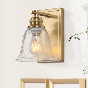 Modern 6 in. 1-Light Brushed Gold Vanity Light with Seeded Glass Shade