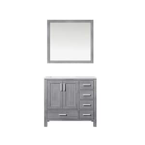 Jacques 36 in. W x 22 in. D Left Offset Distressed Grey Bath Vanity, Carrara Marble Top, and 34 in. Mirror