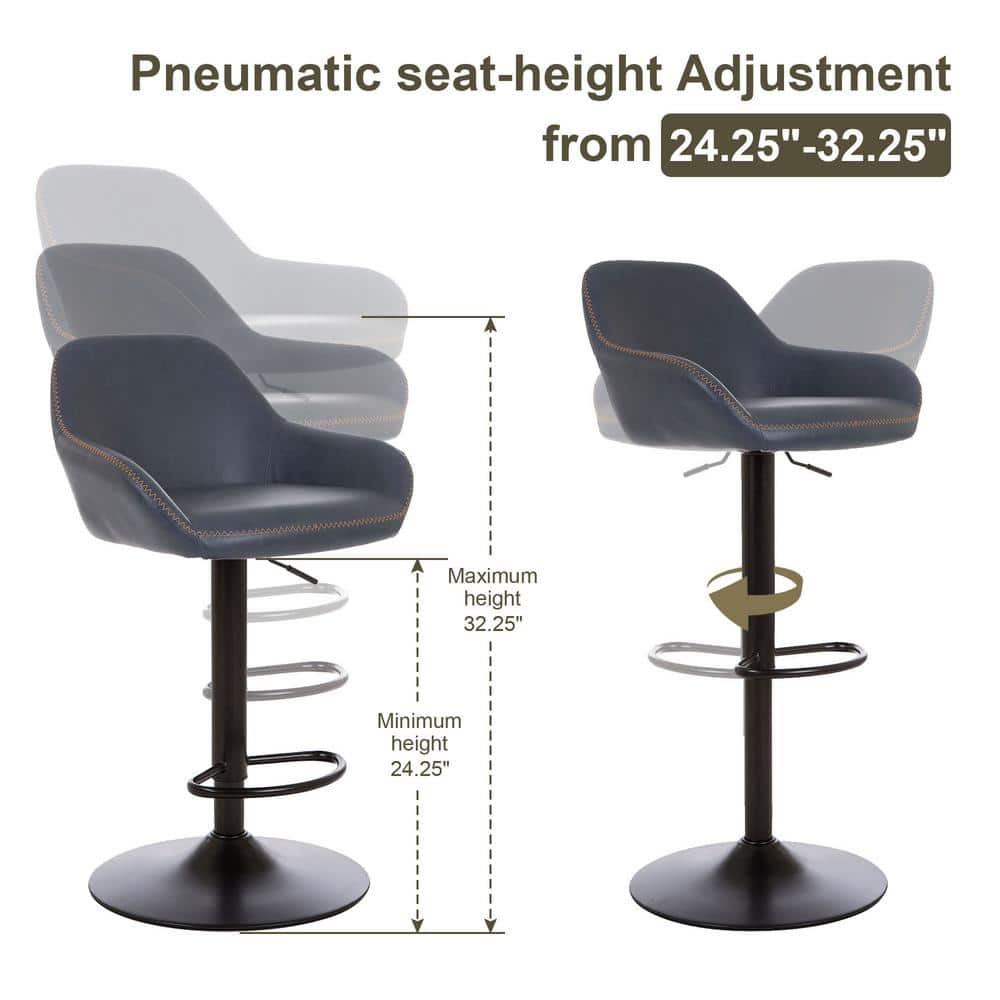 Navy Blue Faux Leather Adjustable Swivel Bar Stool Set