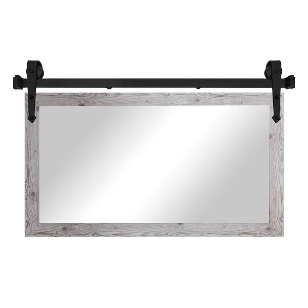 (54 in. W x 33 in. H) Distressed White Modern Rustic Mirror with Steel Barn Door Rail