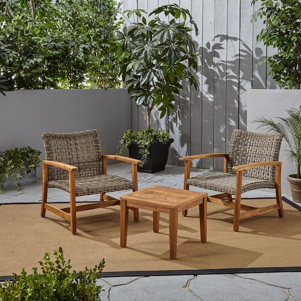 Noble House Hampton Natural 3-Piece Wood Outdoor Patio Conversation Seating Set