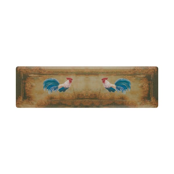 Hydrangea Vintage Rooster Beige 17.5 in. x 60 in. Global Synthetic Kitchen Mat