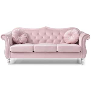 Hollywood 82 in. Round Arm Velvet Rectangle Tufted Straight Sofa in Pink