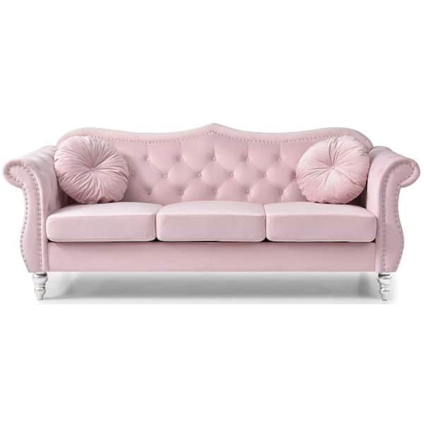 AndMakers Hollywood 82 in. Round Arm Velvet Rectangle Tufted Straight Sofa in Pink